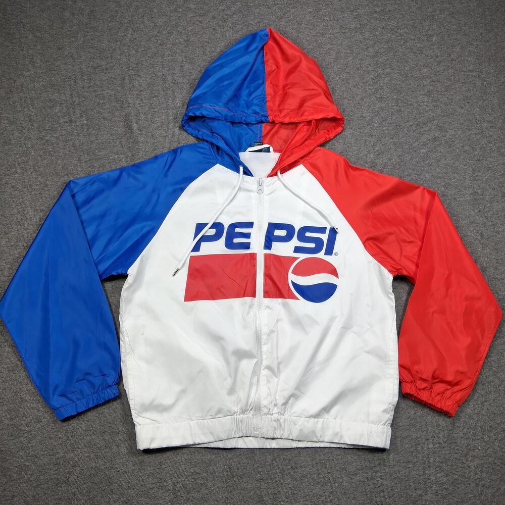 Pepsi Jacket Womens Medium Red White Blue Hooded Full Zip Logo Windbreaker - Picture 1 of 16